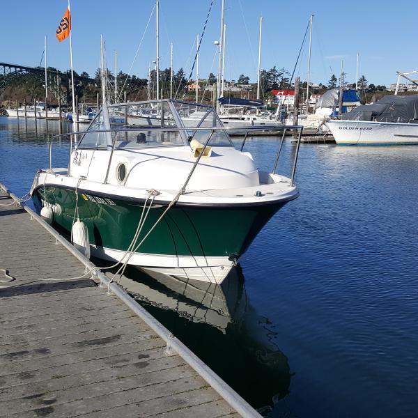 A green and white boat tied up next to a dock on a calm sunny day.